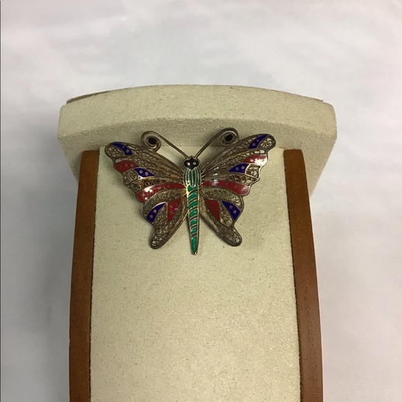 STERLING 925 TOPAZIO PORTUGAL FILIGREE ENAMEL BUTTERFLY PIN - Picture 2 of 8